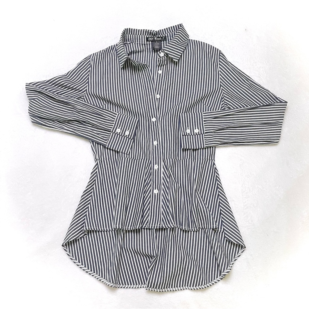 Navy+White Striped Button-Up Peplum Blouse